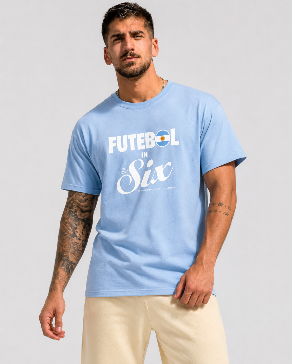 Fútbol in The Six — Argentina Football Flags Tee model shot | Toronto 2026 Souvenir