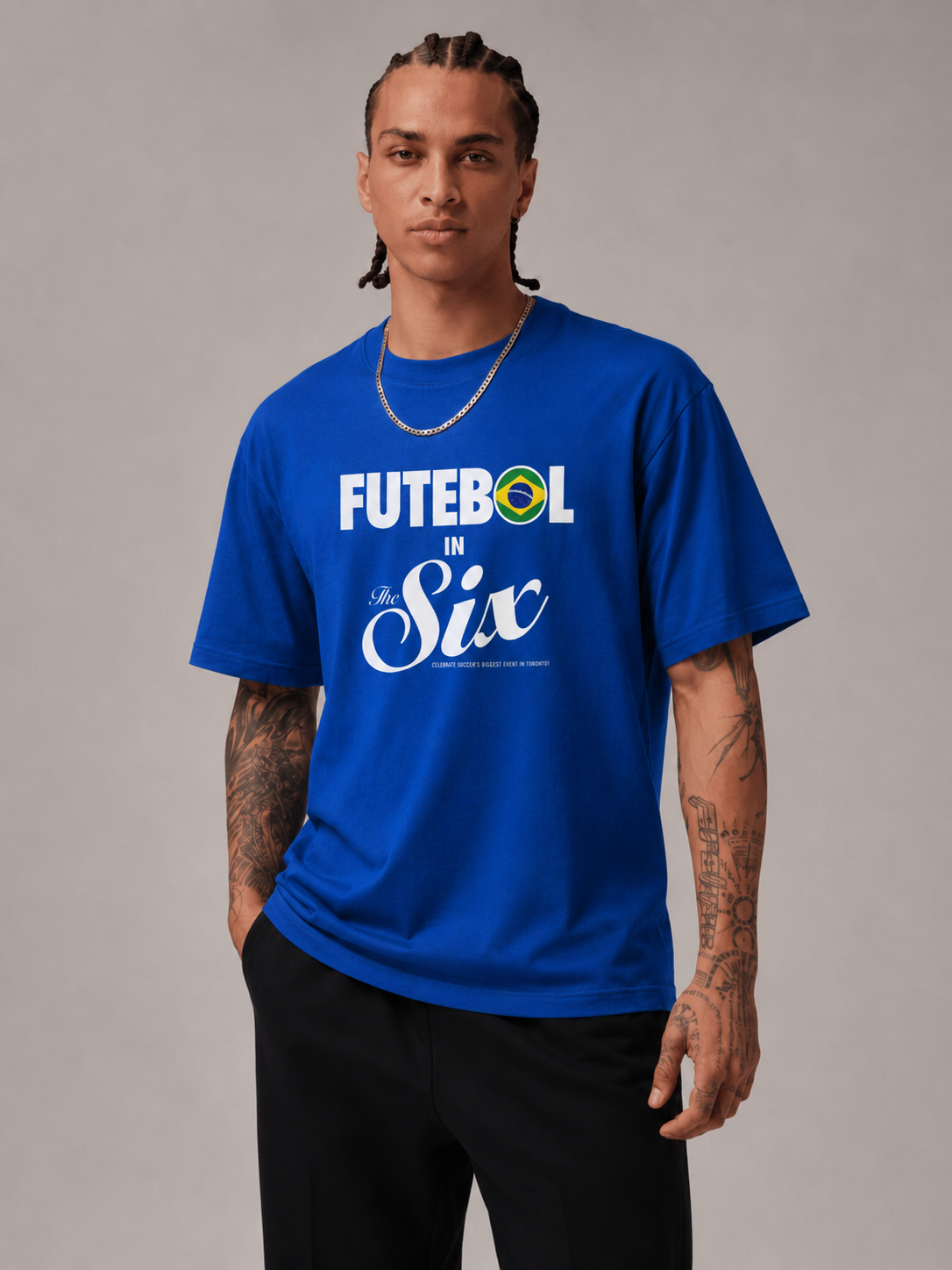 Futebol in The Six — Brazil Football Flags Tee model shot | Toronto 2026 Souvenir