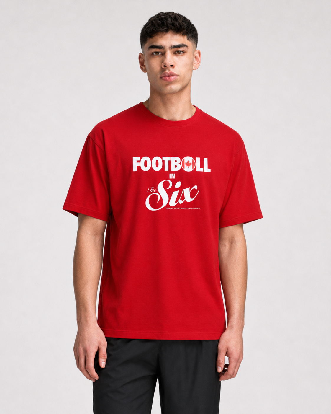 Football in The Six — Canada Football Flags Tee red model shot | Toronto 2026 Souvenir