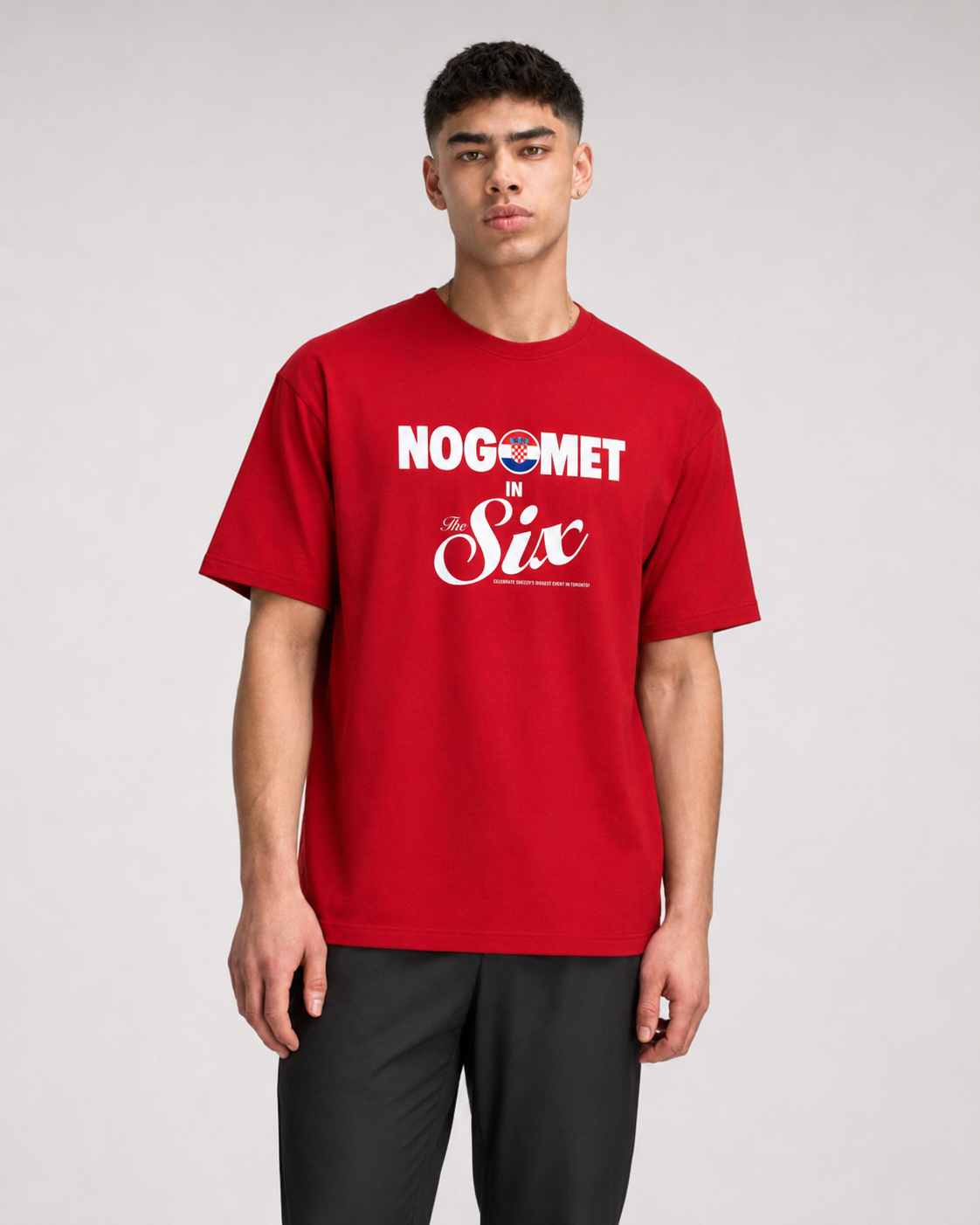 Nogomet in The Six — Croatia Football Flags Tee model shot | Toronto 2026 Souvenir