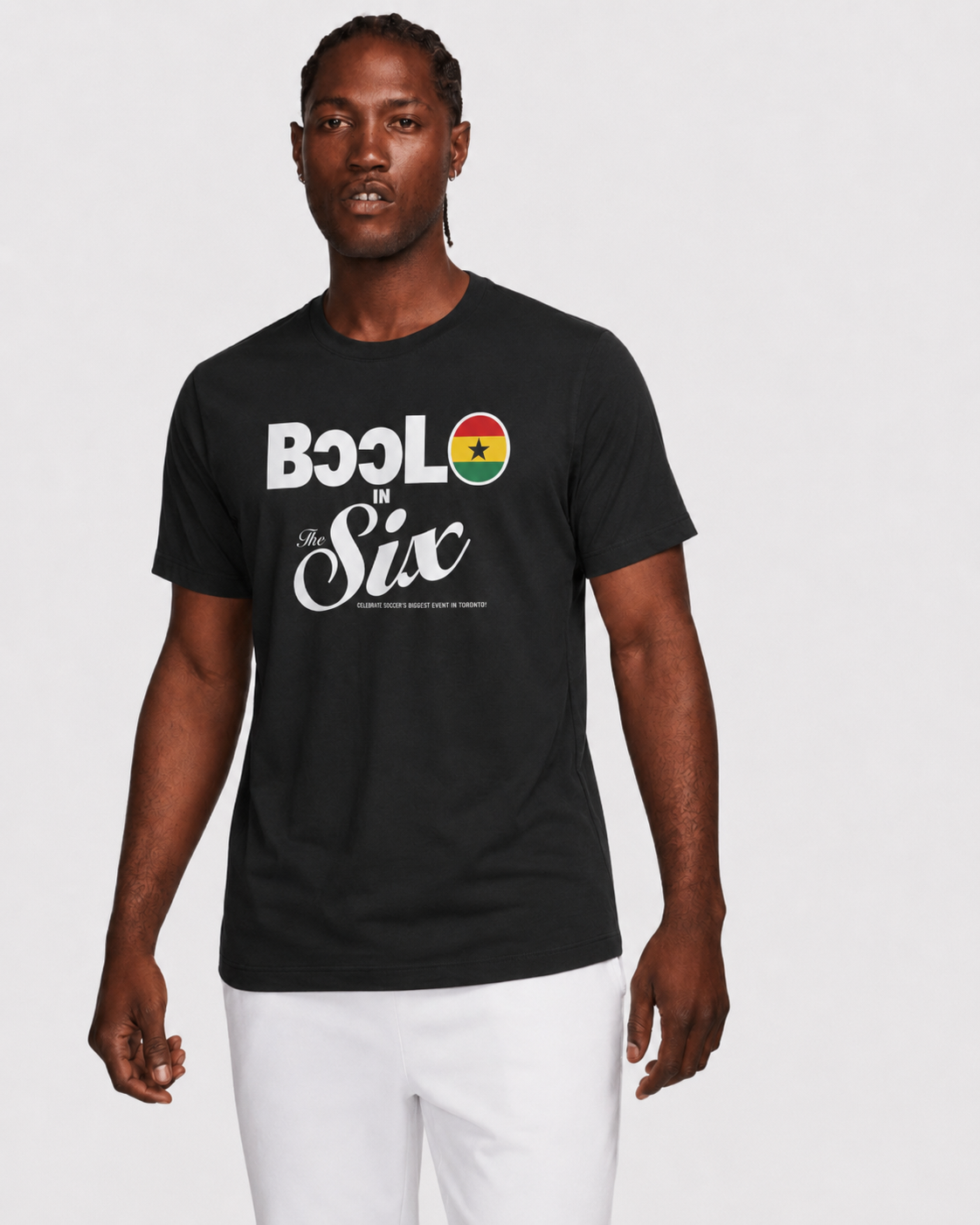 Bɔɔlo in The Six — Ghana Football Flags Tee model shot | Toronto 2026 Souvenir