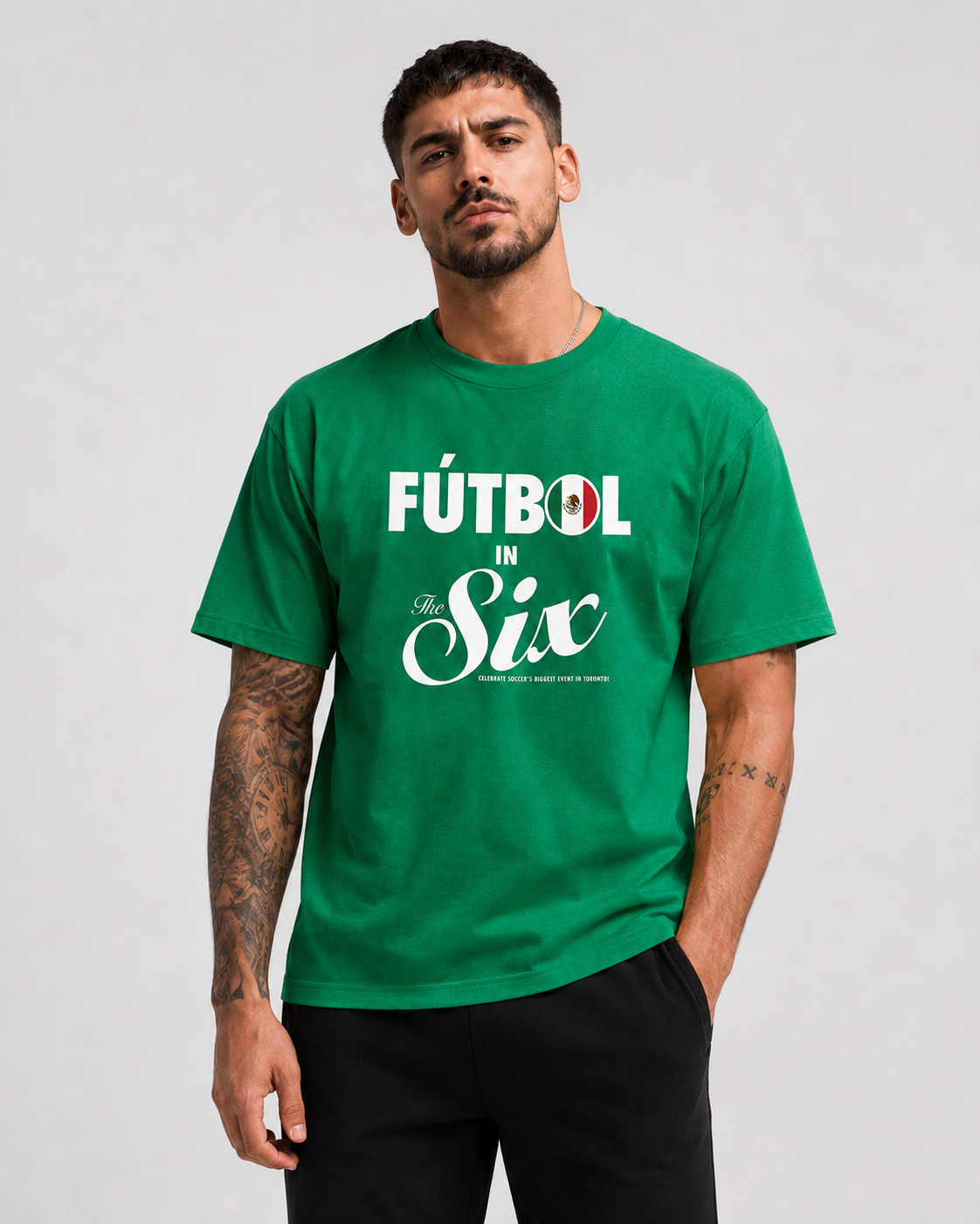 Fútbol in The Six — Mexico Football Flags Tee model shot | Toronto 2026 Souvenir