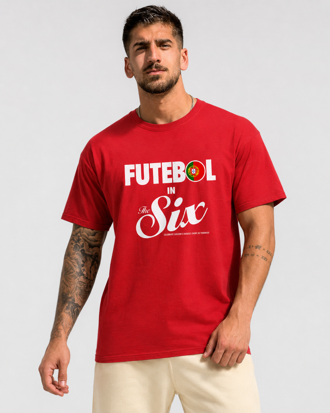 Futebol in The Six — Portugal Football Flags Tee model shot | Toronto 2026 Souvenir