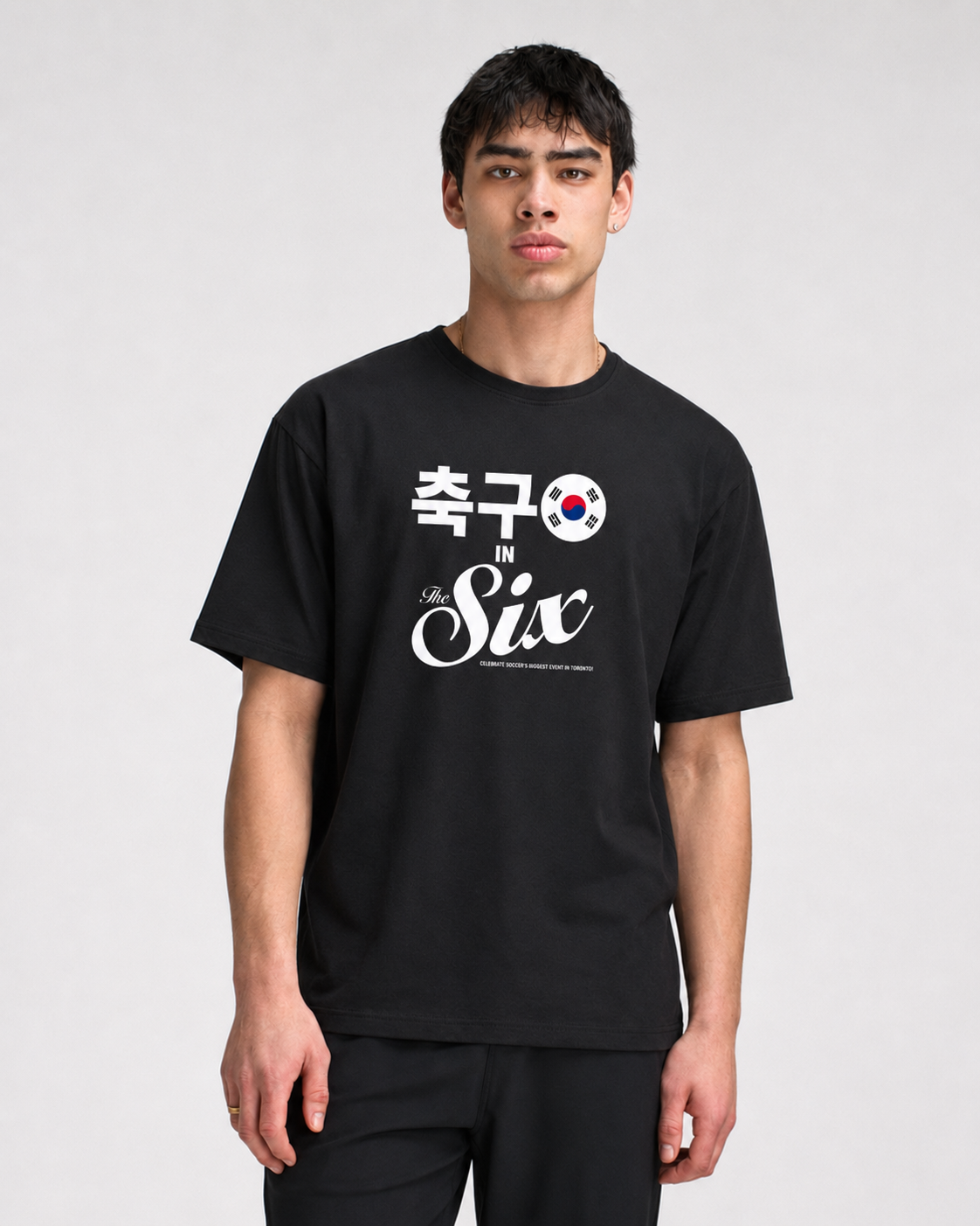 축구 Chukgu in The Six — South Korea Football Flags Tee model shot | Toronto 2026 Souvenir